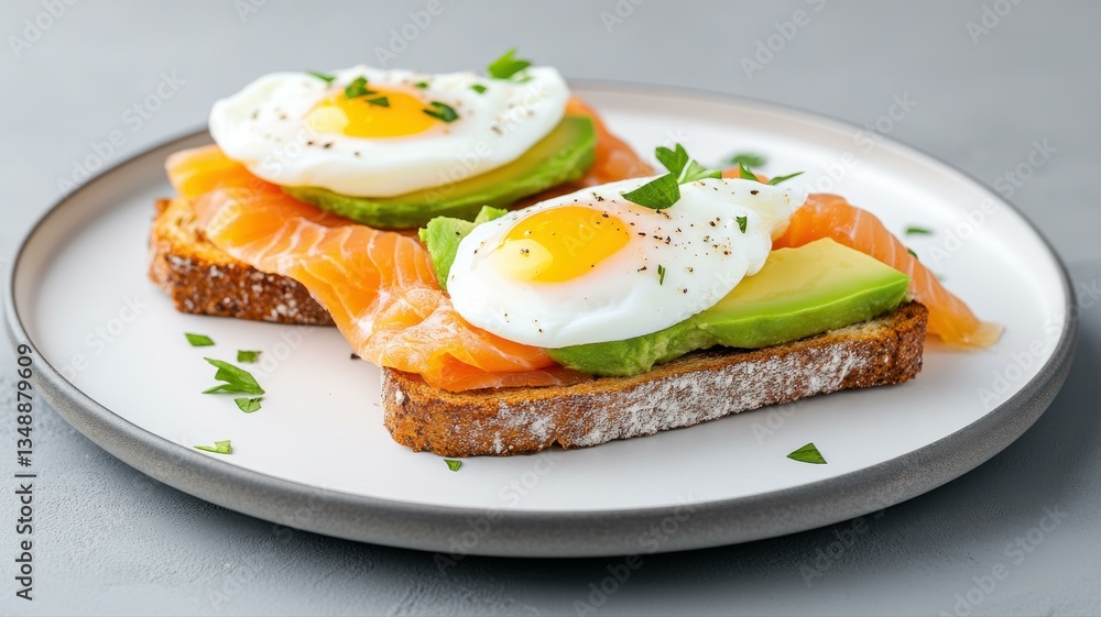 Delicious open-faced sandwiches with smoked salmon, avocado, and poached egg on a white plate for breakfast. Delicious open-faced sandwiches with smoked salmon, avocado, and poached egg on a white plate for breakfast.
