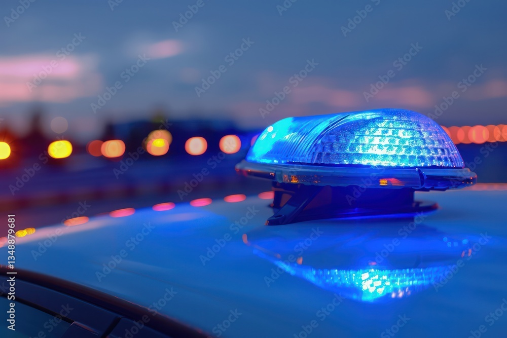 Obraz premium Close-up of blue light flasher on roof of ambulance car of emergency medical service on road control.