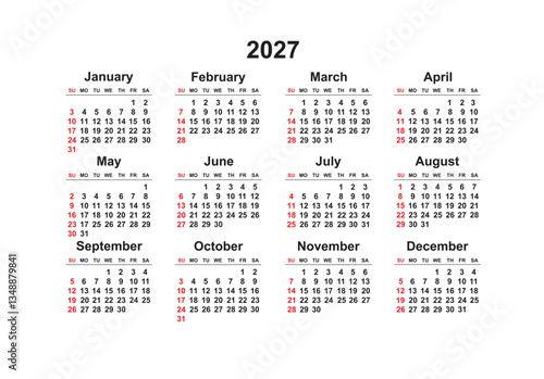 2027 Sunday Start Horizontal Black and White Red Calendar Template, Simple layout of pocket or wall calendars. Yearly Stationery organizer in minimal design