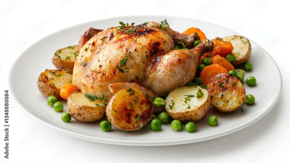 Delicious roasted chicken with potatoes, carrots, and peas on a white plate. Perfect for a hearty meal. Delicious roasted chicken with potatoes, carrots, and peas on a white plate. Perfect for a hearty meal.