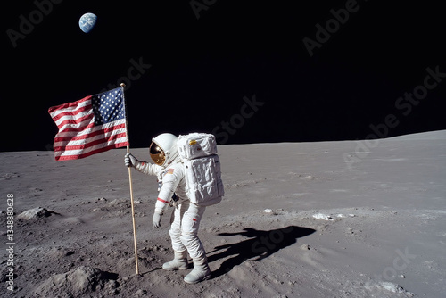 astronaut standing on the moon next to an american flag