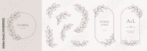 Hand drawn floral frames with flowers, branch and leaves. Elegant logo template. Delicate botanical borders and wreaths in line art and silhouette style. Vector illustration for invitation, card, logo