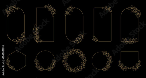 Collection of luxury frames, borders and corners. Hand drawn botanical floral elements in line art and silhouette style. Good for greeting cards, invitations, menu, certificates and graphic design.