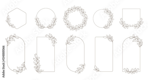 Hand drawn floral frames with flowers, branch and leaves. Elegant logo template. Delicate botanical borders and wreaths in line art and silhouette style. Vector illustration for invitation, card, logo