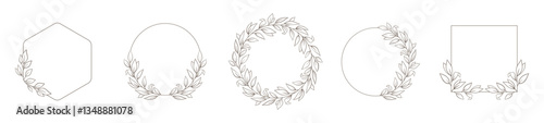 Hand drawn floral frames with flowers, branch and leaves. Elegant logo template. Delicate botanical borders and wreaths in line art and silhouette style. Vector illustration for invitation, card, logo