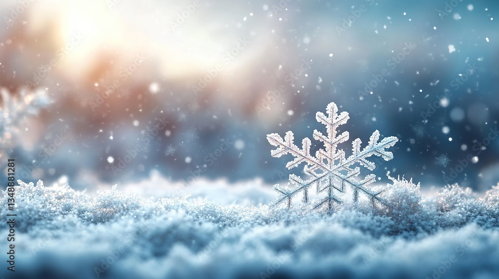 A solitary snowflake sparkles in a soft snowy winter landscape A solitary snowflake sparkles in a soft snowy winter landscape