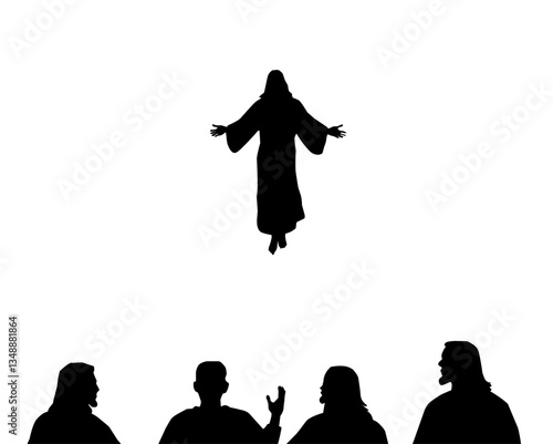 Silhouette vector illustration of Jesus ascending to heaven with open arms, symbolizing resurrection and ascension. Perfect for Christian art, worship concepts, and religious projects