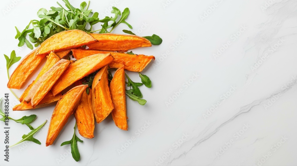 Freshly sliced sweet potato wedges with greens on a marble background. Freshly sliced sweet potato wedges with greens on a marble background.
