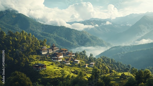 Wallpaper Mural A breathtaking mountain landscape featuring lush greenery, serene village, and majestic peaks under a clear blue sky. Torontodigital.ca