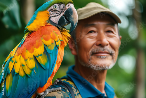 A smiling older Asian man with a gray beard stands beside a colorful macaw perched on his shoulder in a lush, green setting.