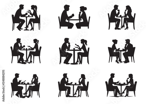 Man and a woman at a table negotiating Silhouette vector illustration Set