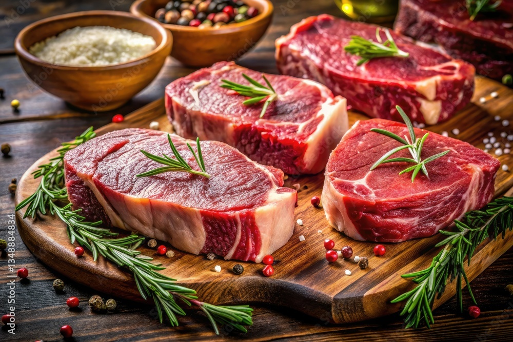 Savor the sight: juicy raw steaks, a butcher's premium cut, photographed for gourmet appeal. Savor the sight: juicy raw steaks, a butcher's premium cut, photographed for gourmet appeal.