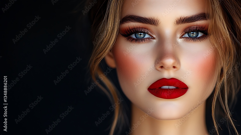 Close-up portrait of a woman with red lipstick and dramatic eye makeup. Close-up portrait of a woman with red lipstick and dramatic eye makeup.
