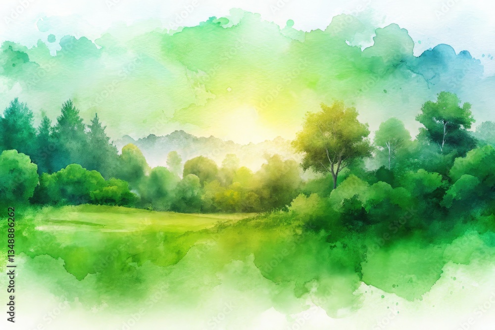 Fototapeta premium Serene green watercolor landscape, softly textured, abstract background for peaceful vibes.