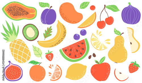 A Set of illustrations with various  fruits and berries. Healthy nutrition. Vector flat illustrations. Pineapple, Watermelon, Banana, Fig, Pear, Apple, Cherry, Orange, Lemon, Mango
