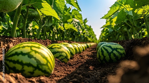 A Serene Watermelon Farm With Rows of Ripe Melons Resting on the Soil