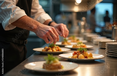 Chef garnishes plates with micro greens. Culinary expert prepares gourmet dishes. Restaurant kitchen, food preparation, fine dining, catering service, delicious food ready for serving to client.