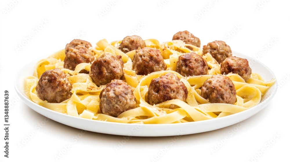 Delicious meatballs served with pasta on a white plate, isolated on white background. Delicious meatballs served with pasta on a white plate, isolated on white background.