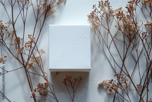 Blank mockup of a white box on a light background and dried flowers