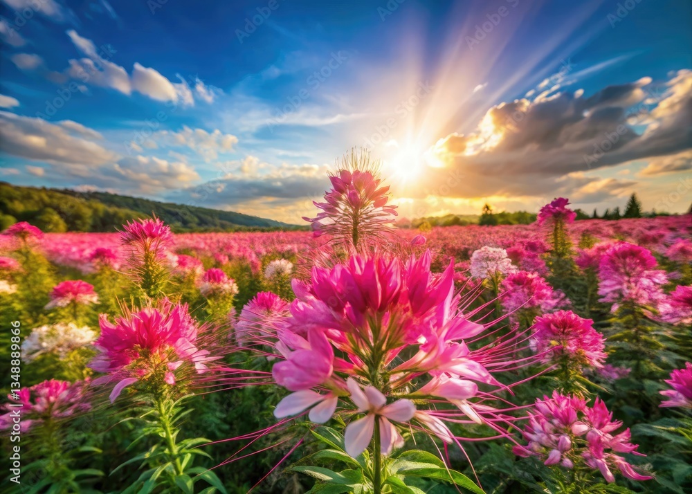 Fototapeta premium Soaring above, a drone reveals a stunning panorama of pink cleome flowers in full bloom.