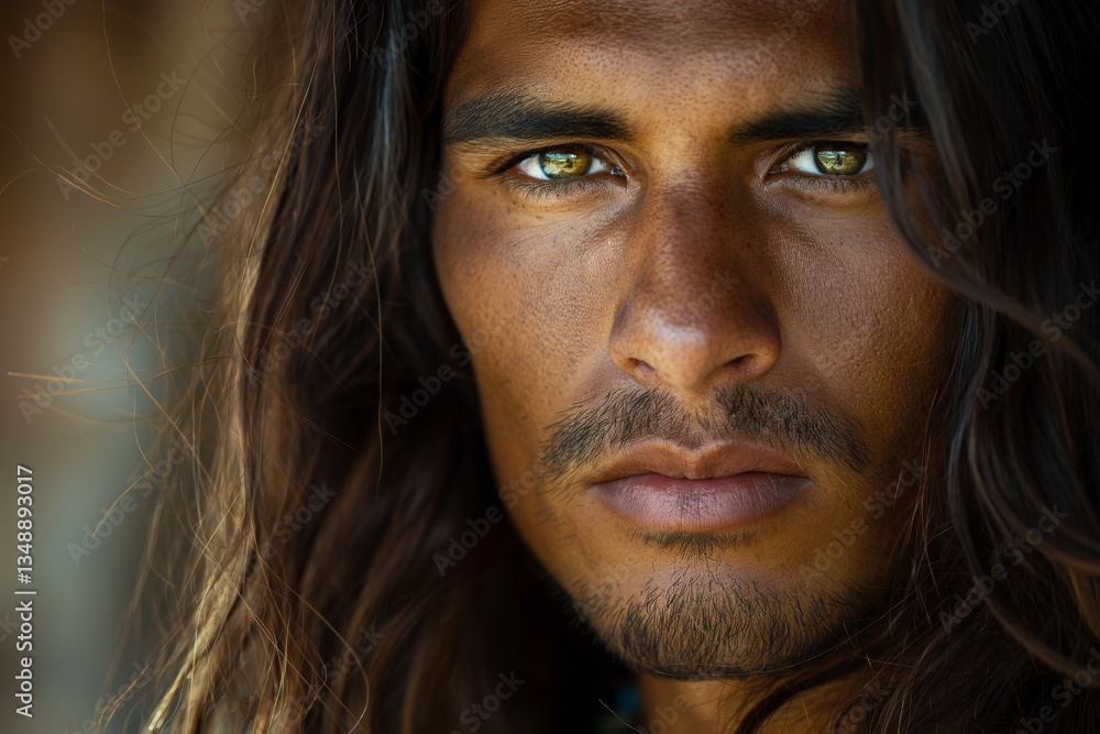 Close-up portrait of a young Hispanic male with long, dark hair and striking green eyes, exuding intensity and confidence. Close-up portrait of a young Hispanic male with long, dark hair and striking green eyes, exuding intensity and confidence.