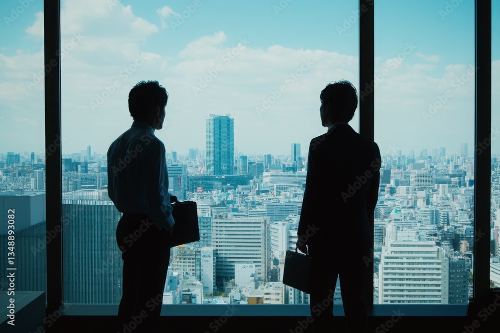 Two men are standing in a window looking out at the city. They are both wearing suits and carrying briefcases. Scene is professional and serious, as the men are likely discussing business matters Two men are standing in a window looking out at the city. They are both wearing suits and carrying briefcases. Scene is professional and serious, as the men are likely discussing business matters