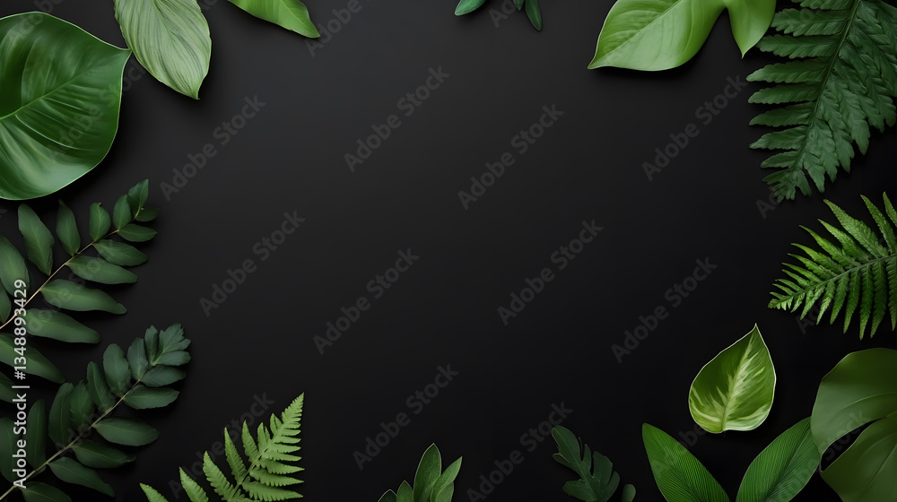 Naklejka premium A deep black space is surrounded by an elegant arrangement of vibrant green leaves, including monstera, philodendron, and ferns. The organic frame of foliage, with subtle shadows and highlights,