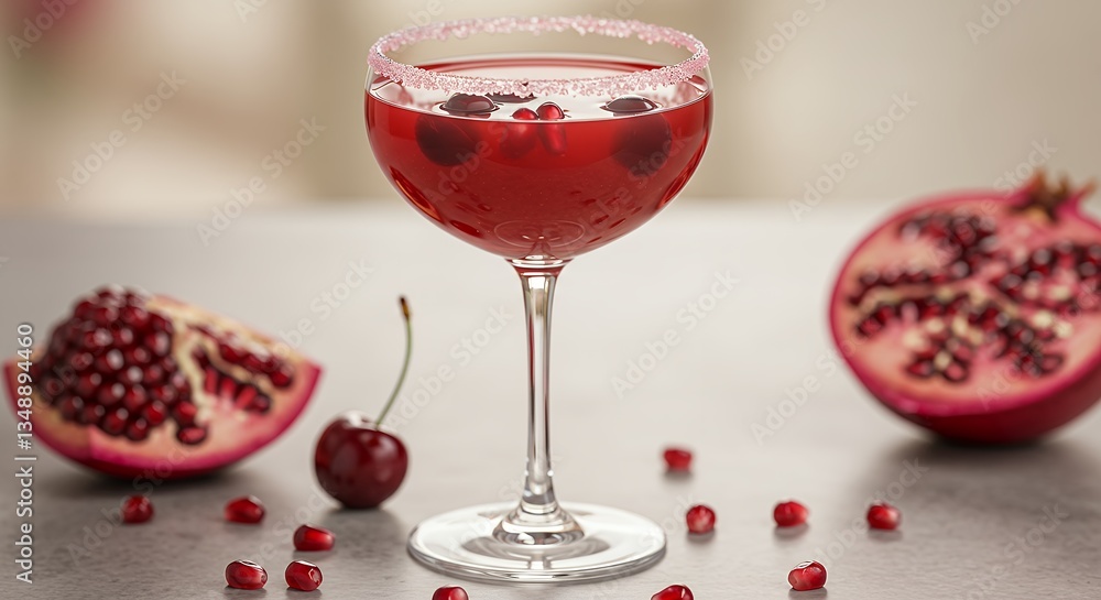 Pomegranate cocktail presentation with fruits on a table surface Pomegranate cocktail presentation with fruits on a table surface