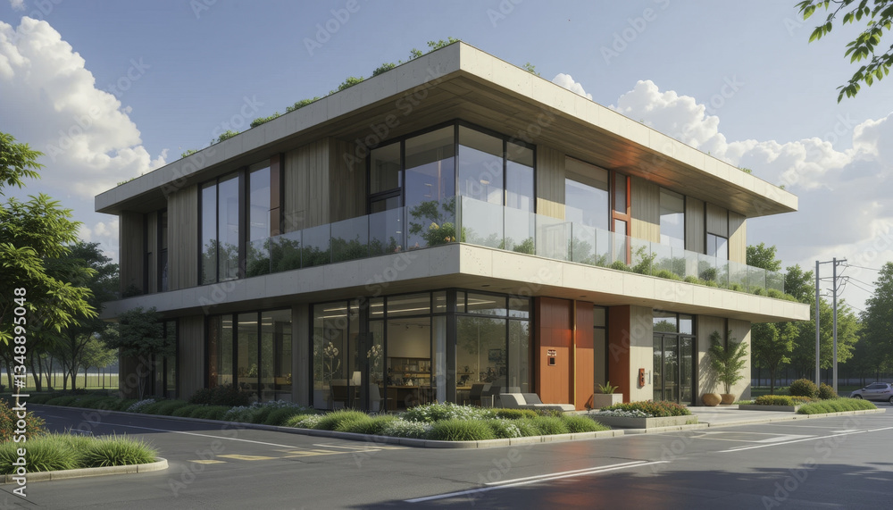 Modern two story office building with large glass windows and rooftop garden, surrounded by greenery and clear blue sky. contemporary architecture features clean lines and spacious parking area Modern two story office building with large glass windows and rooftop garden, surrounded by greenery and clear blue sky. contemporary architecture features clean lines and spacious parking area