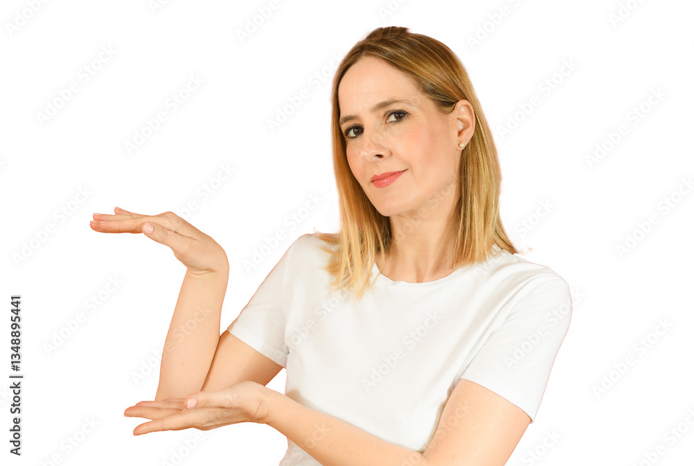 Woman smiles surprise showing product over transparent background. PNG transparent Woman smiles surprise showing product over transparent background. PNG transparent