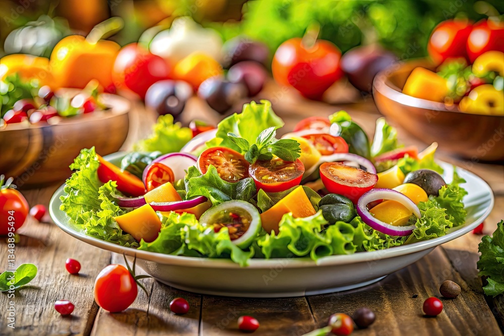 Tilt-shift magic transforms a delicious salad into a miniature feast of vibrant colors. Tilt-shift magic transforms a delicious salad into a miniature feast of vibrant colors.
