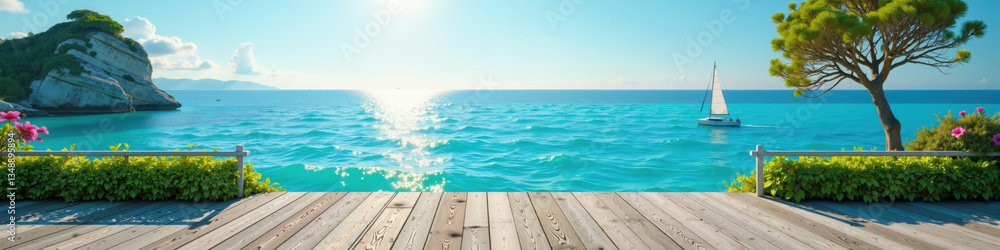 Fototapeta premium A serene ocean view from a wooden deck with a sailboat in the distance and lush greenery nearby.