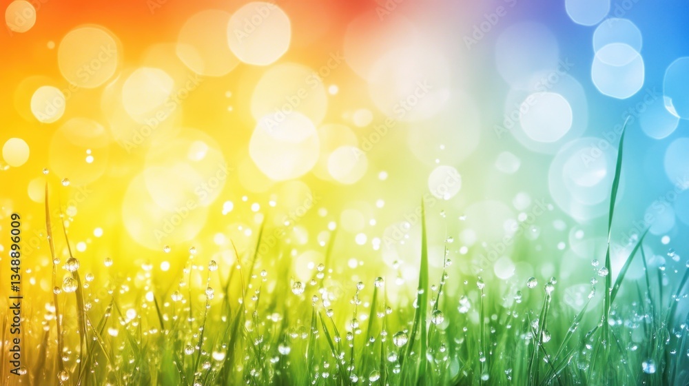 Fototapeta premium Dewdrops on vibrant green grass with colorful bokeh background.