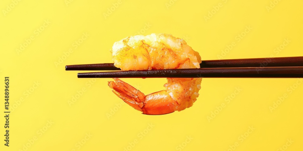 A shrimp is on a pair of chopsticks A shrimp is on a pair of chopsticks