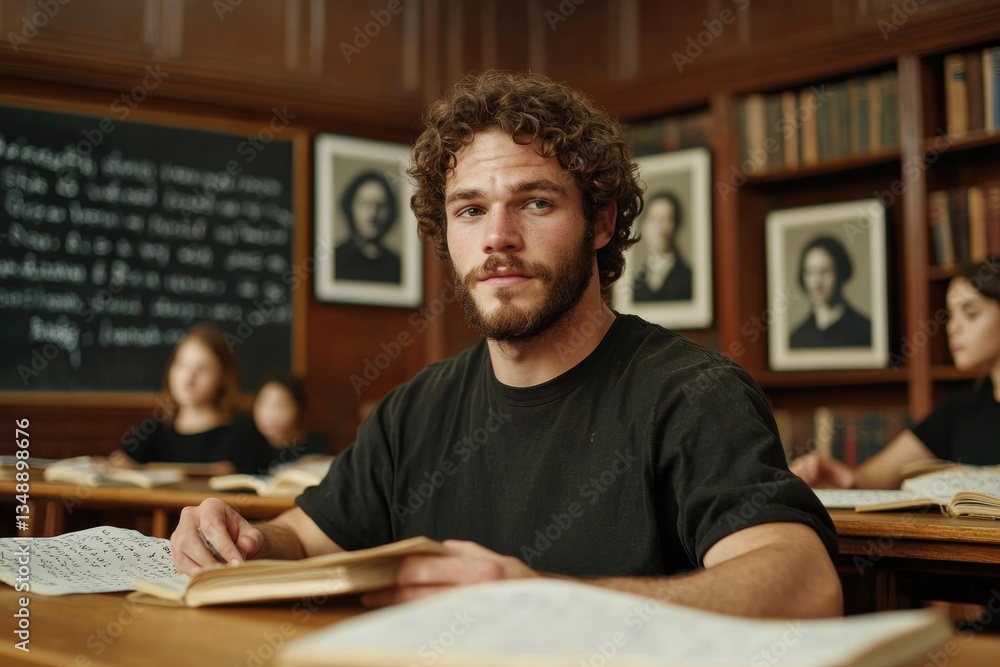 Obraz premium Focused student in vintage classroom, surrounded by historic por