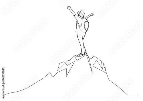 Continuous line drawing cheerful man rising hands after climbing a peak of mountain.