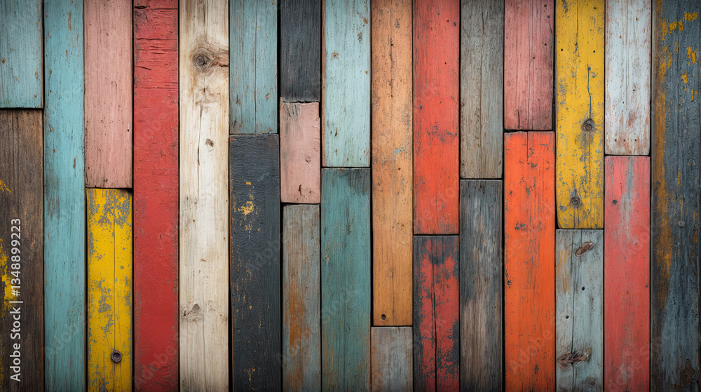 A vibrant display of reclaimed wood planks, showcasing a spectrum of colors.