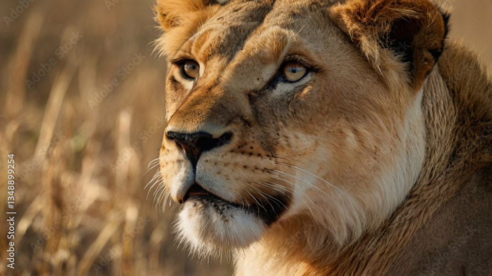 Fototapeta premium Lioness Portrait in Golden Sunlight, Close-Up of Wild Cat in Natural Habitat