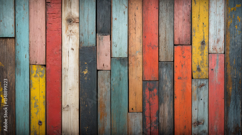 A vibrant display of reclaimed wood planks, showcasing a spectrum of colors.