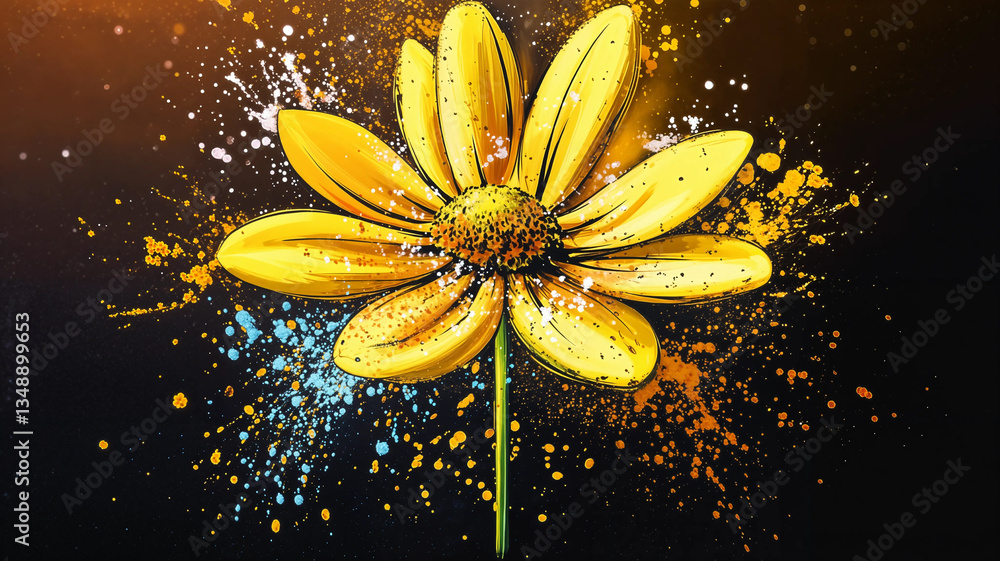 Vibrant yellow flower bursts forth against a dark backdrop, showcasing a dynamic artistic style.