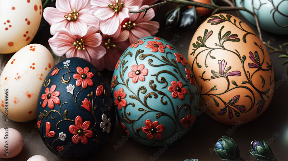 Ornate Easter eggs, showcasing intricate floral designs in shades of teal, navy, and peach.