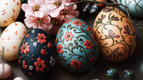 Obraz na płótnie Ornate Easter eggs, showcasing intricate floral designs in shades of teal, navy, and peach. w salonie