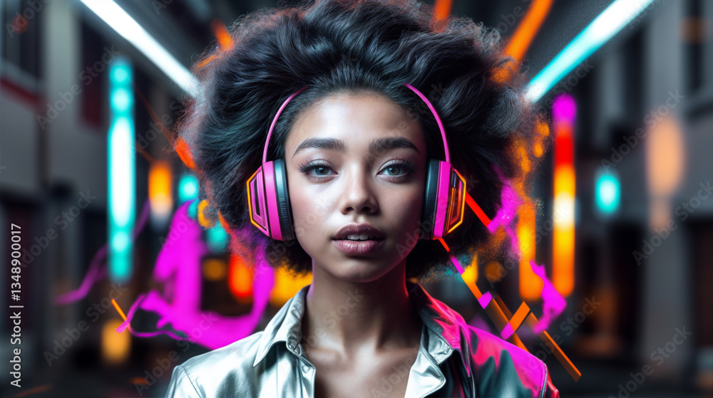 A young woman with vibrant pink headphones, immersed in a vibrant city scene.
