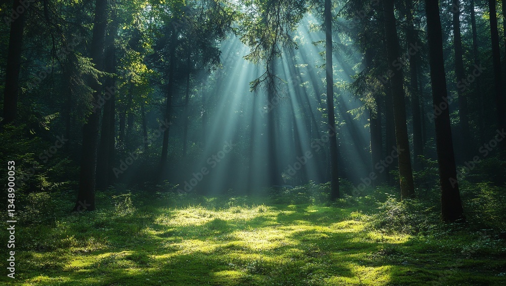 Fototapeta premium Sunbeams pierce through a dense forest, illuminating a lush green carpet of moss. A magical, mystical scene.