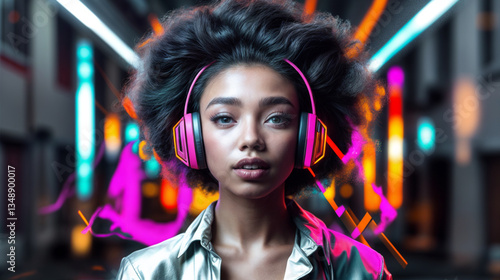 Obraz na płótnie A young woman with vibrant pink headphones, immersed in a vibrant city scene. w salonie