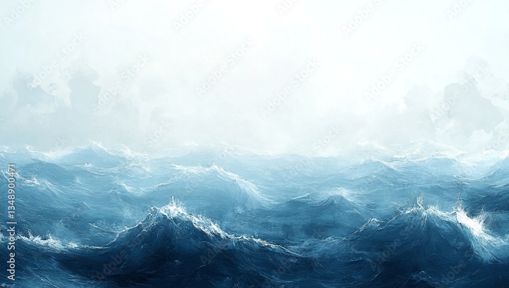 Fototapeta premium A dramatic seascape painting in cool blues and whites depicts a stormy sea under a cloudy sky.