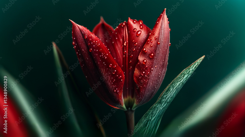 Close-up view of a vibrant red tulip, highlighting the texture of the petals and water droplets.