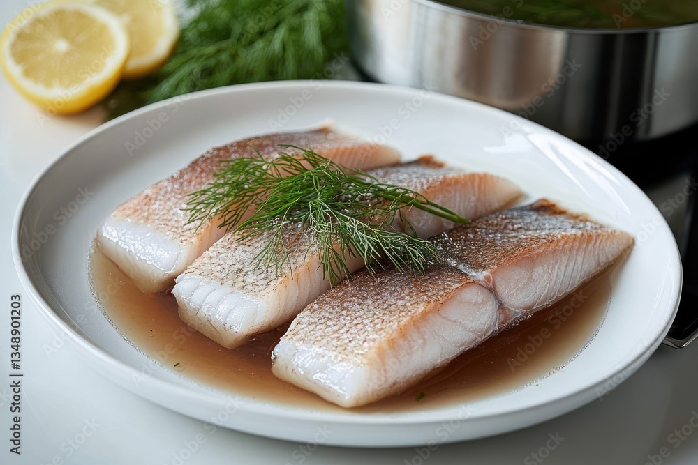 Fresh Herring Fillets on White Plate with Dill and Brine Pot in Soft Natural Light Fresh Herring Fillets on White Plate with Dill and Brine Pot in Soft Natural Light