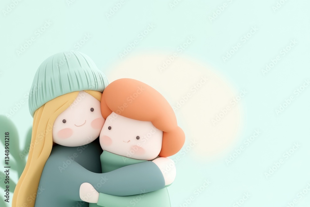 Two girls hugging warmly in pastel colors Two girls hugging warmly in pastel colors