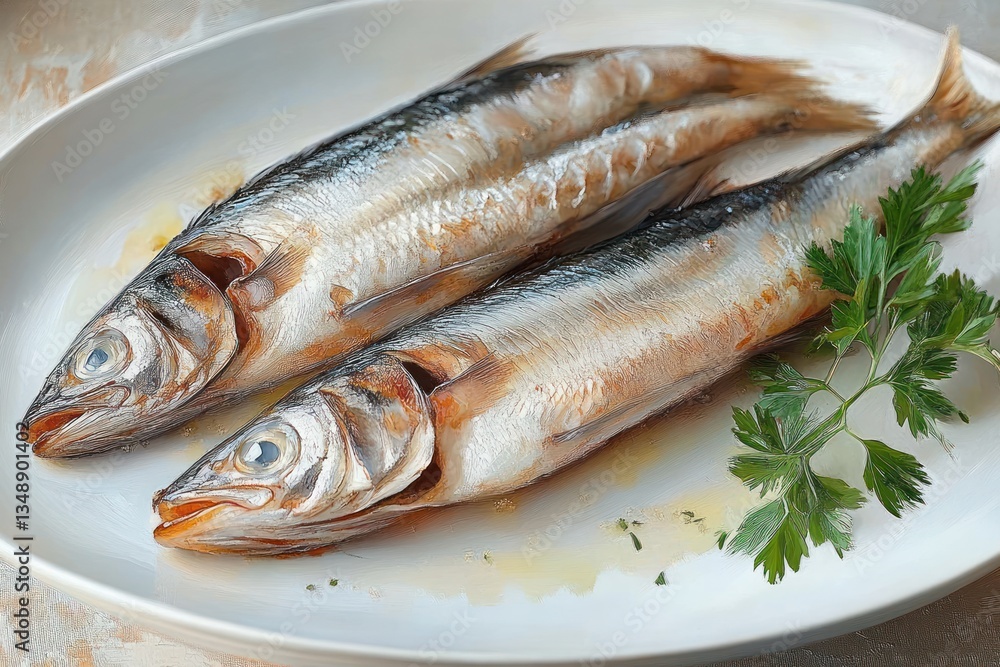 Fresh Herring Fillets on White Plate with Dill and Herbs Fresh Herring Fillets on White Plate with Dill and Herbs